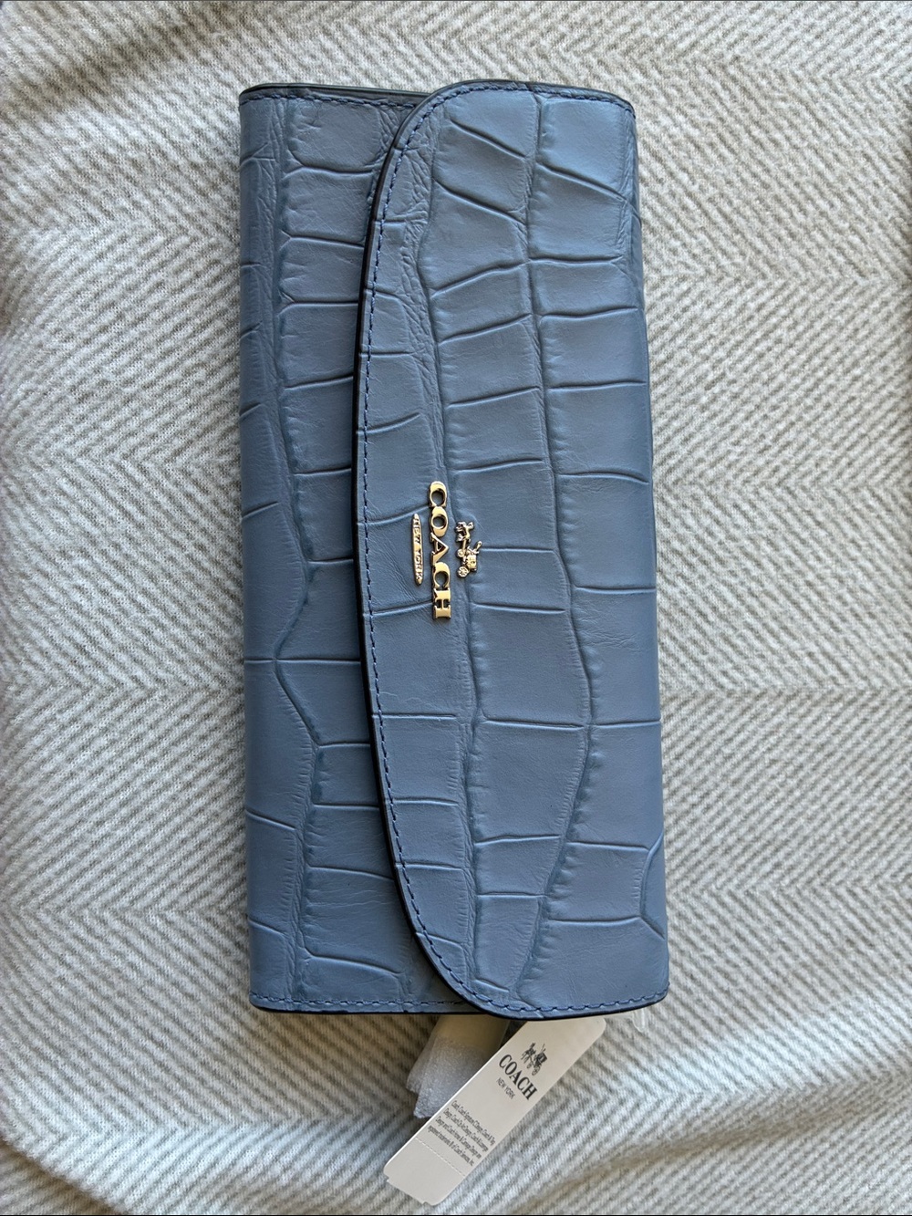 Coach Slate Blue Croc-Embossed Leather Clutch with Cream Trim